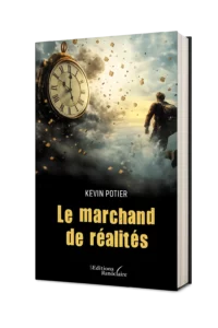 Couverture du livre Le marchand de réalités de Kevin Potier avec une horloge géante et un homme courant dans un univers fragmenté