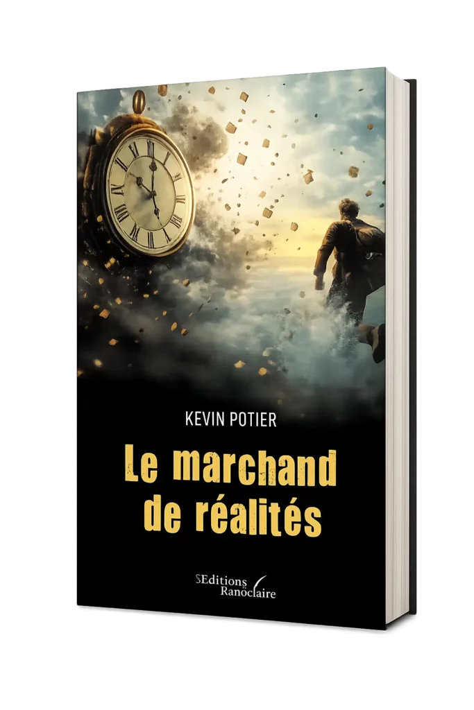 Couverture du livre Le marchand de réalités de Kevin Potier (Site officiel)bavec une horloge géante et un homme courant dans un univers fragmenté