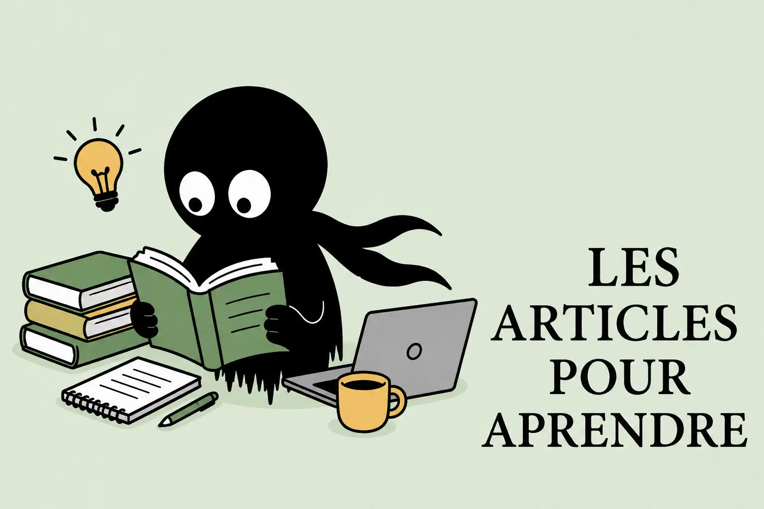Mascotte Kiro lisant un livre entourée de supports d’apprentissage, illustrant les articles pour apprendre.
