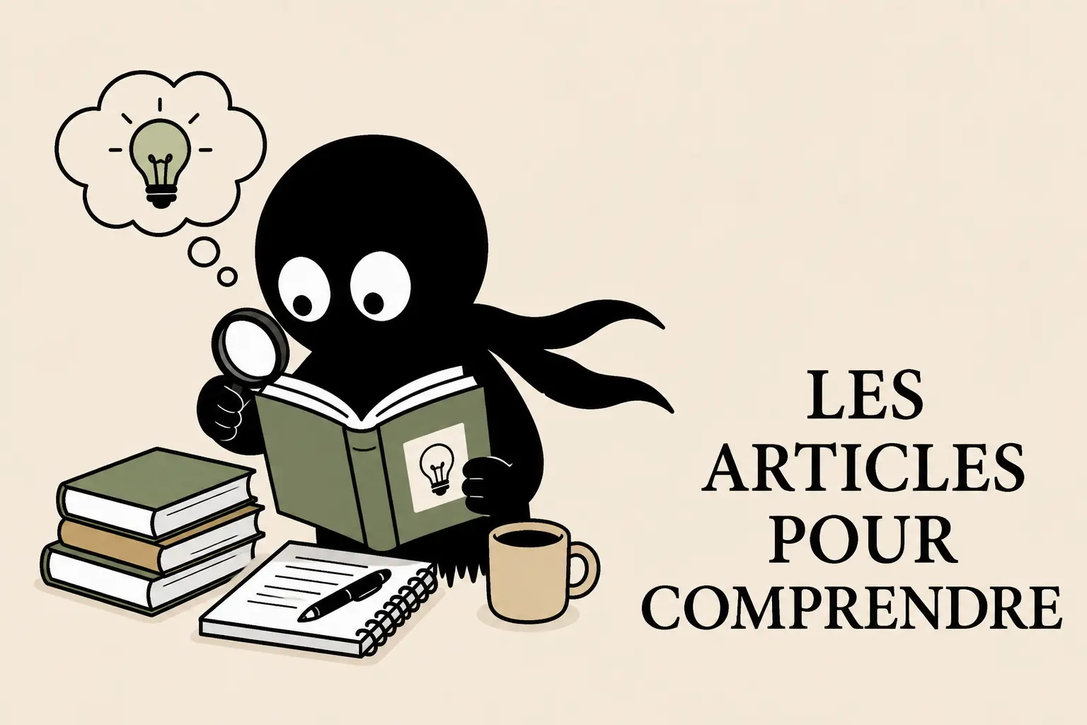 Mascotte Kiro lisant un livre avec une loupe, illustrant les articles pour comprendre
