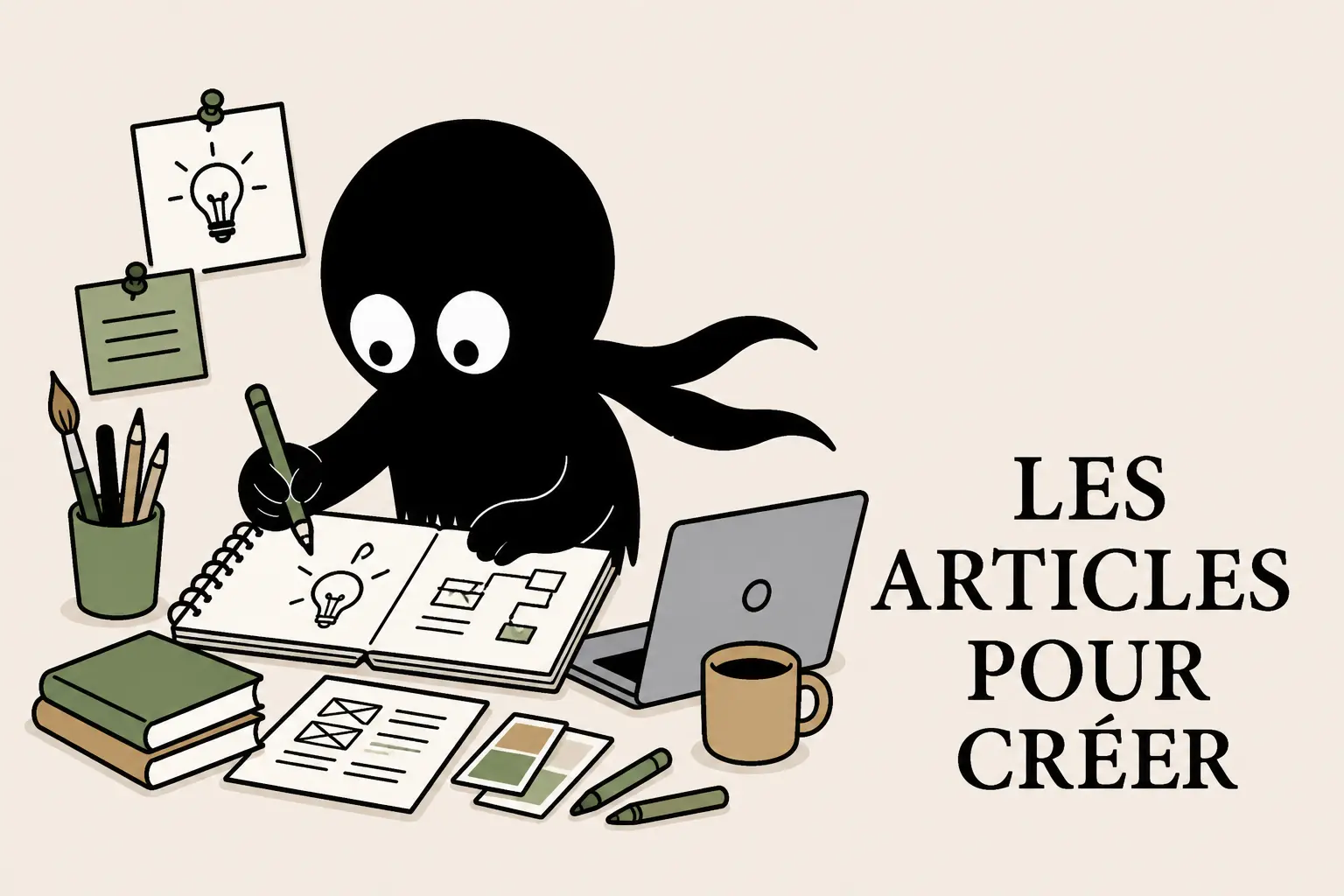 Mascotte Kiro en train de créer du contenu avec carnet, ordinateur et outils créatifs – illustration “Les articles pour créer”.