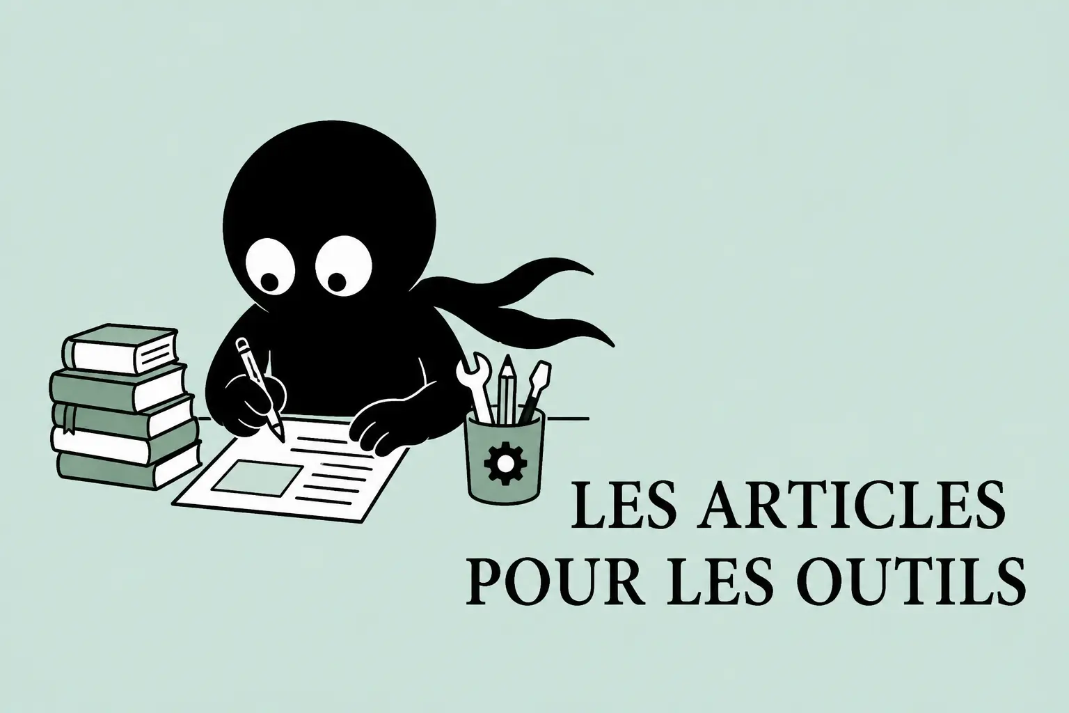Mascotte Kiro écrivant des articles avec des outils, illustration minimaliste pour la section “Les articles pour les outils”.