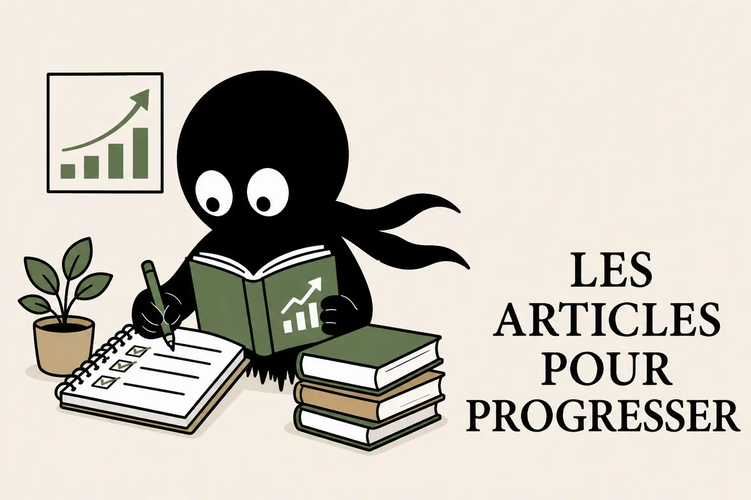 Mascotte Kiro lisant et écrivant avec livres et graphique de progression, illustrant des articles pour progresser