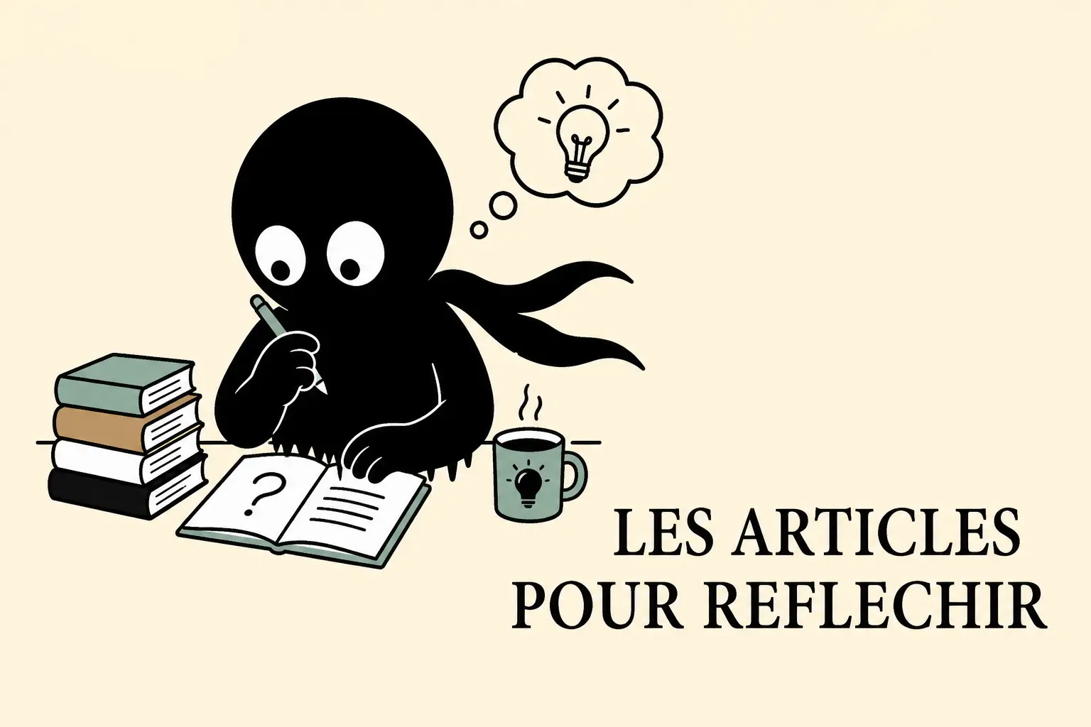 Mascotte Kiro en train de réfléchir en écrivant dans un carnet, avec une ampoule au-dessus, illustration des articles pour réfléchir.