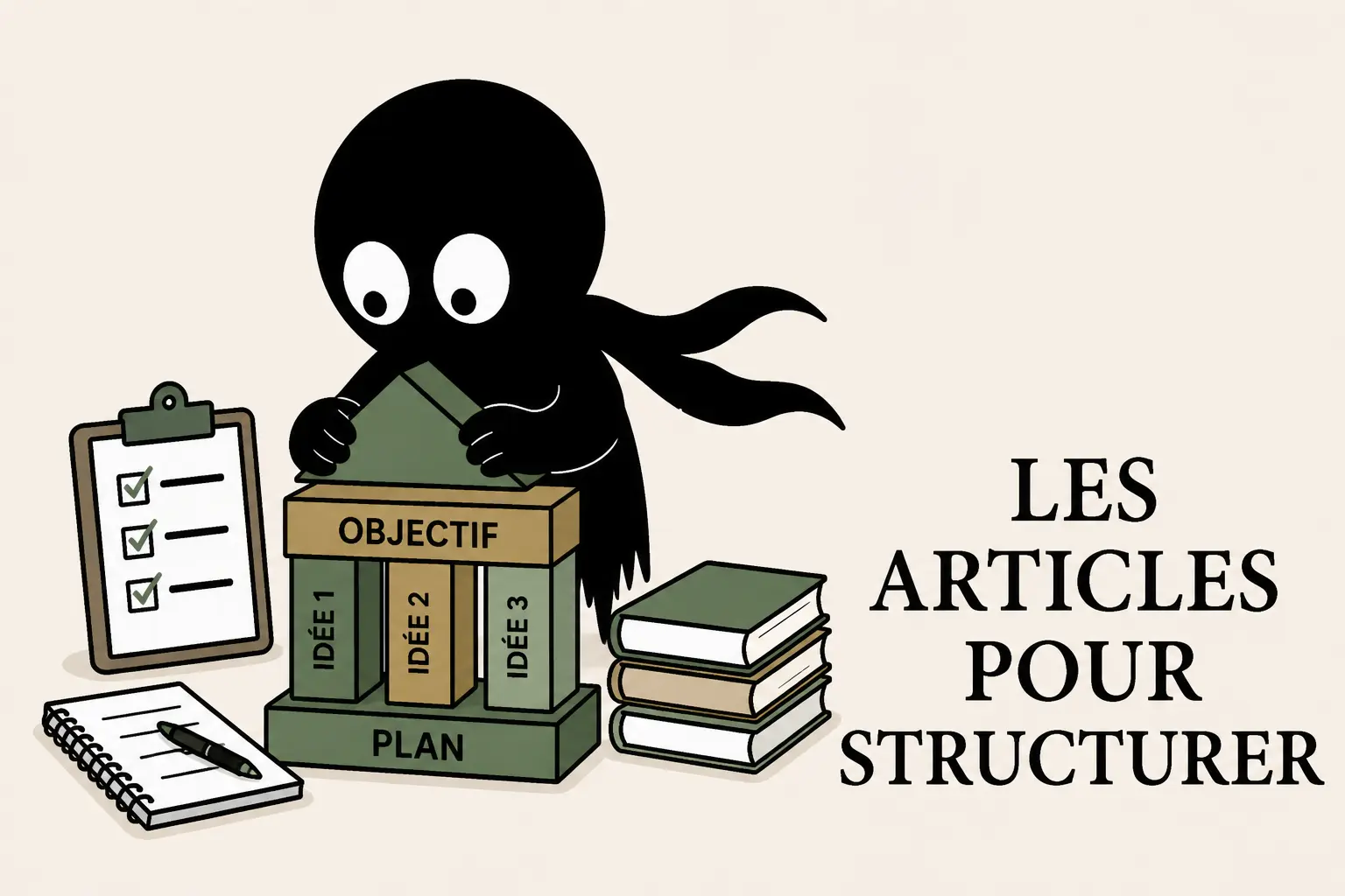 Mascotte Kiro organisant un plan structuré avec idées et objectif pour illustrer les articles pour structurer