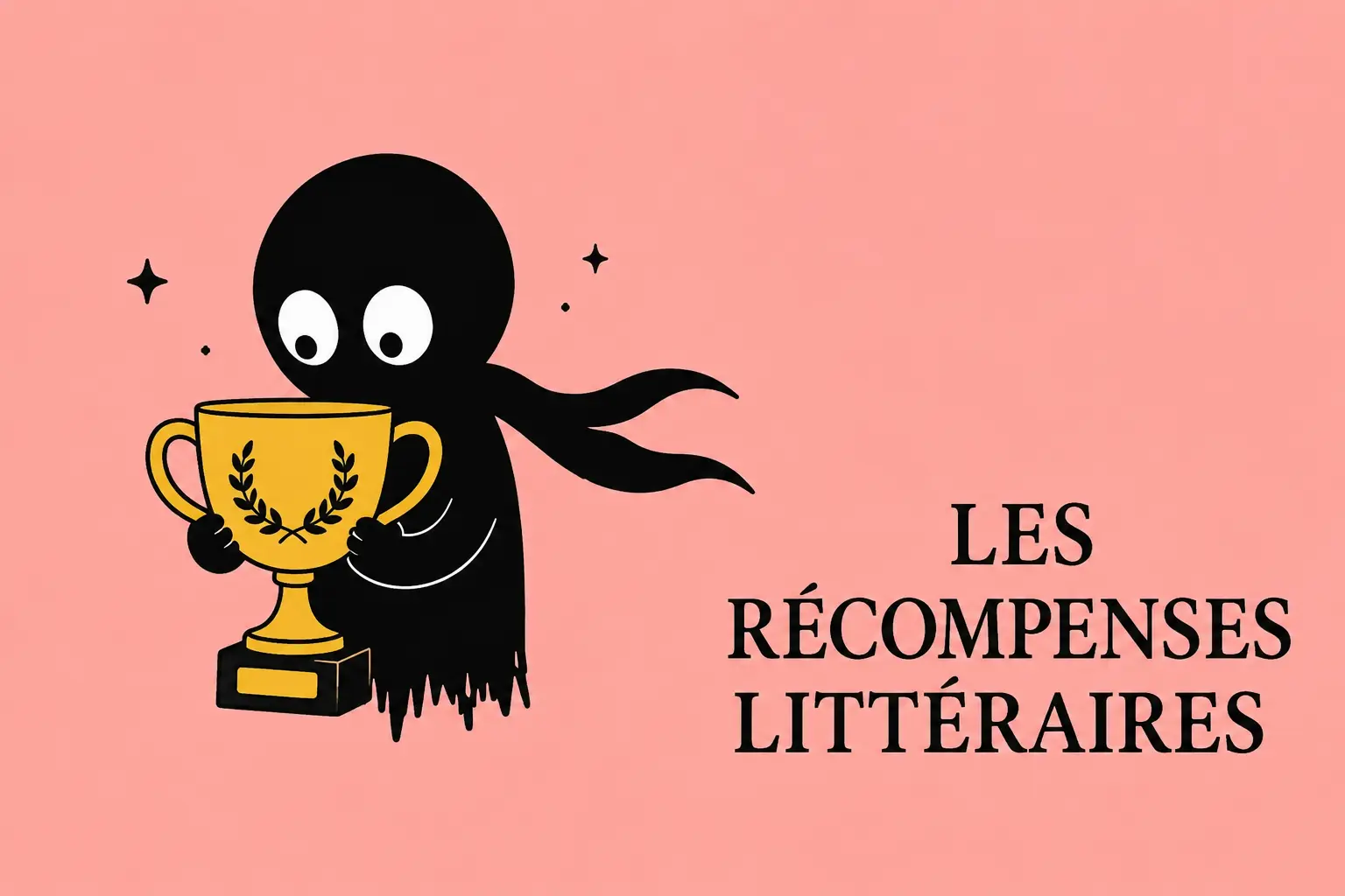 Kiro tient un trophée représentant les récompenses littéraires sur un fond rose pastel