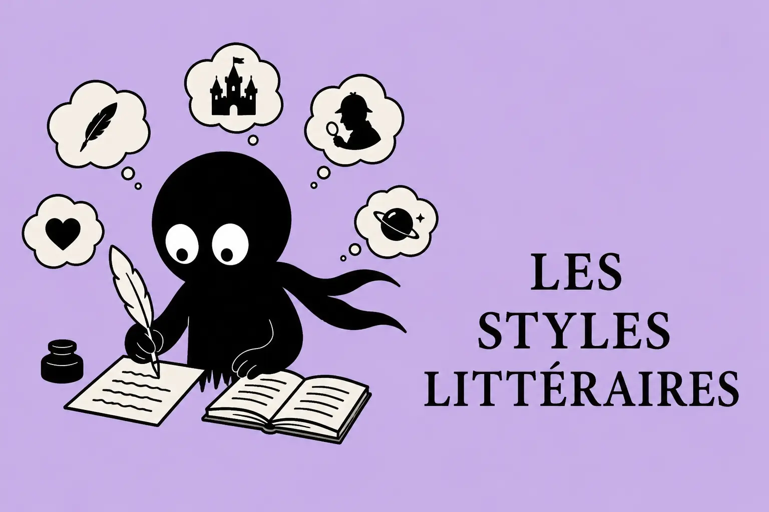Kiro découvre les styles littéraires en écrivant avec une plume entouré d’idées et de symboles narratifs