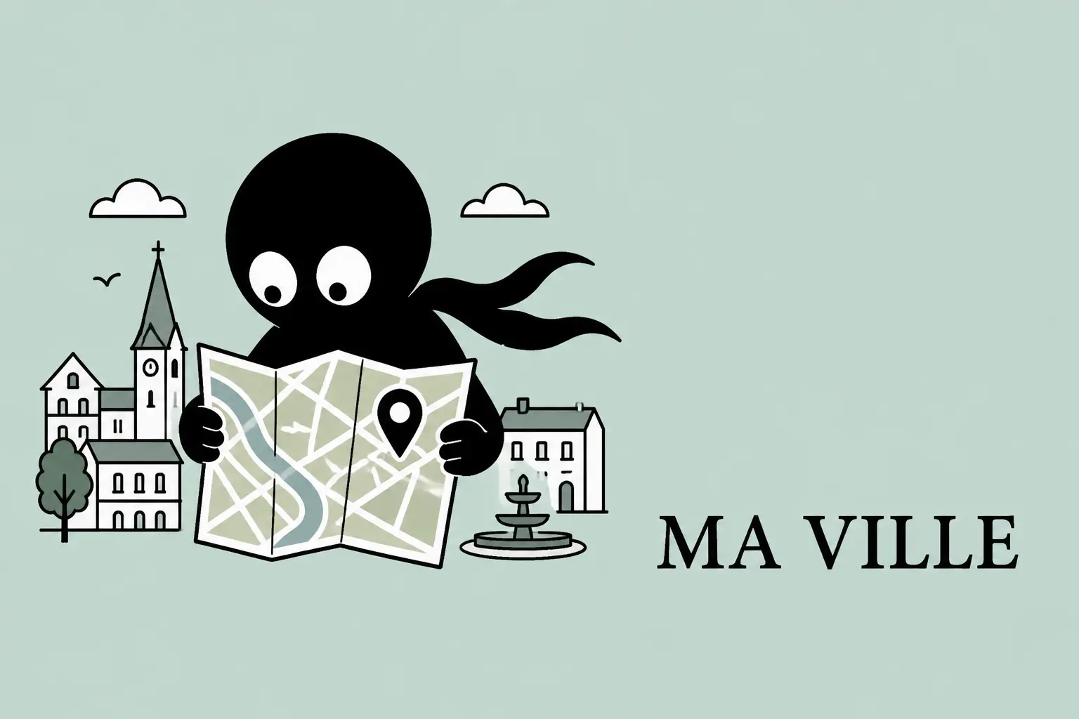 Mascotte Kiro consultant une carte illustrée, représentant la section « Ma ville de Lesquin » sur fond uni vert pâle.