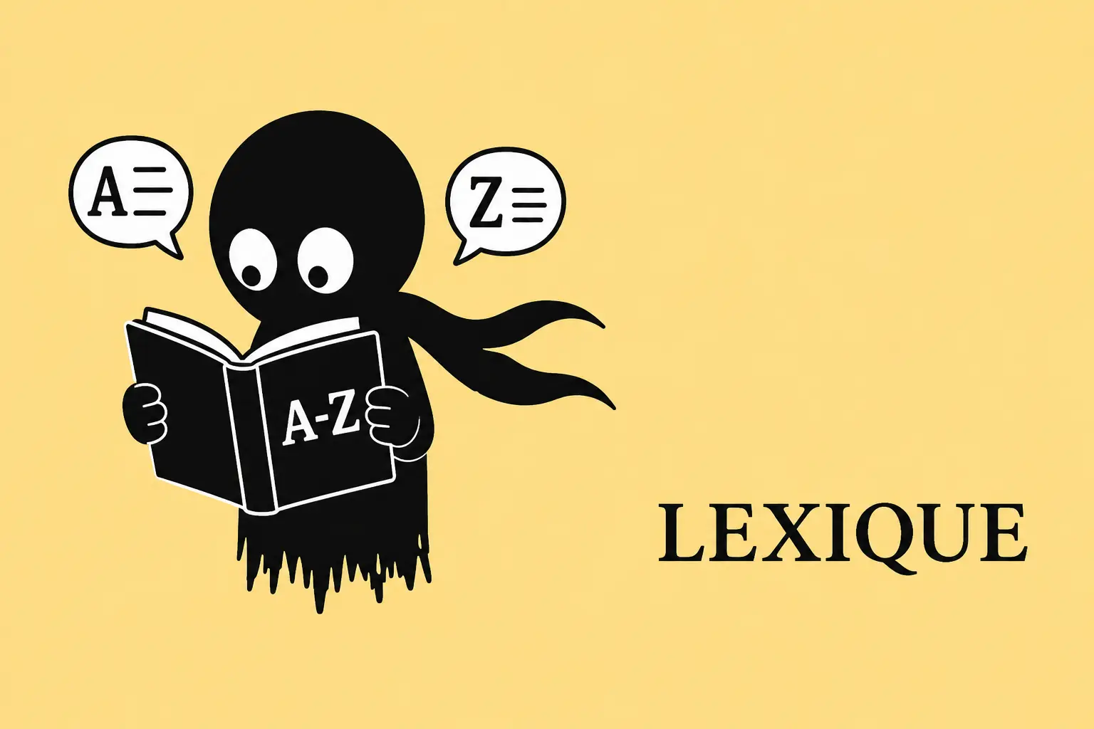 Mascotte Kiro lisant un livre A-Z avec bulles de lettres sur fond jaune, illustration du lexique