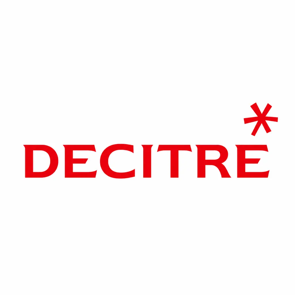 Logo Decitre rouge avec symbole étoilé sur fond blanc
