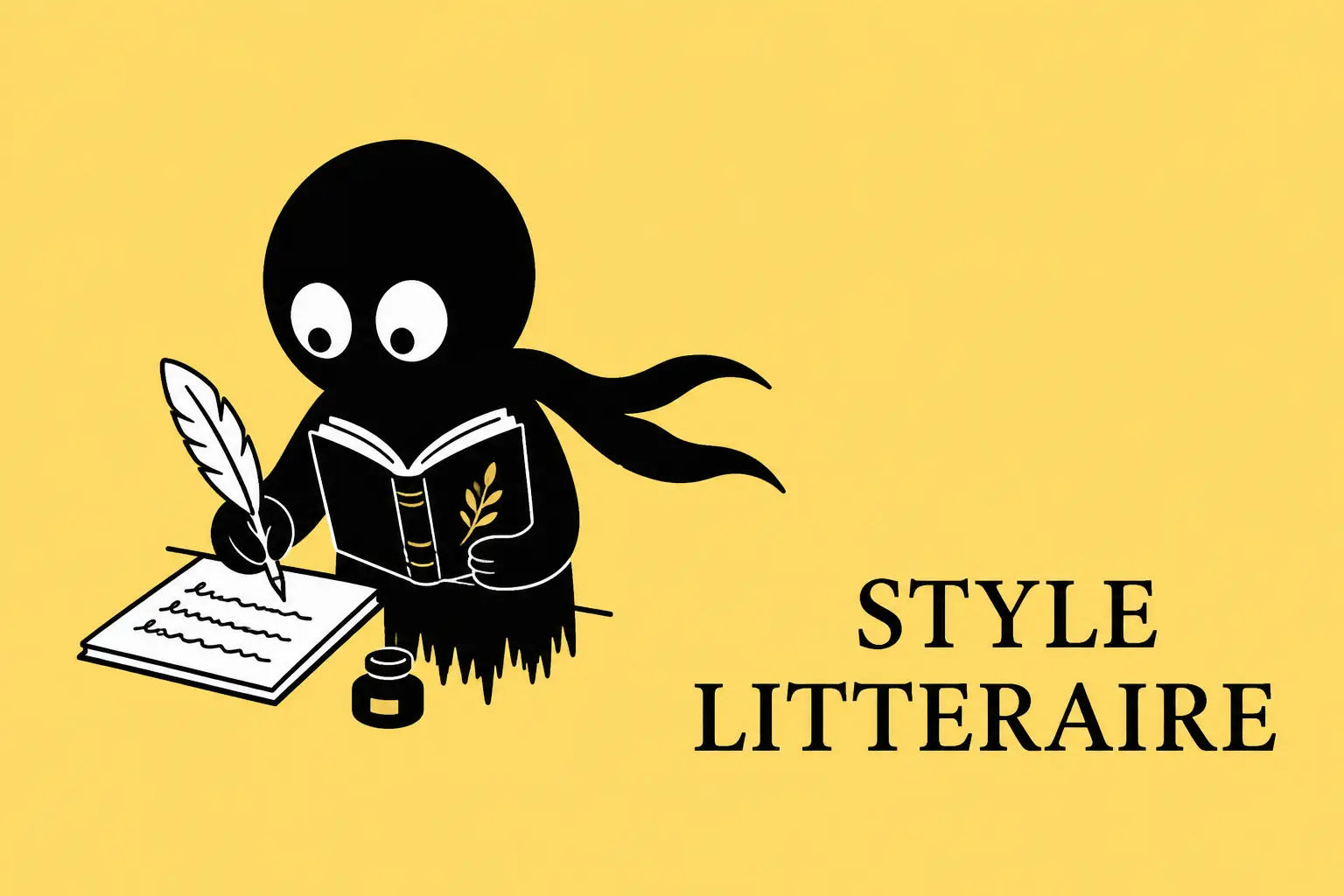 Mascotte Kiro écrivant avec une plume et lisant un livre, illustration minimaliste représentant le style littéraire sur fond jaune.