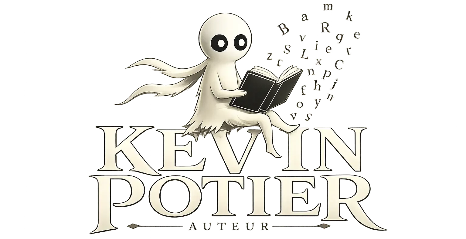 Logo du site Kevin Potier avec la mascotte Kiro lisant un livre, entourée de lettres en mouvement